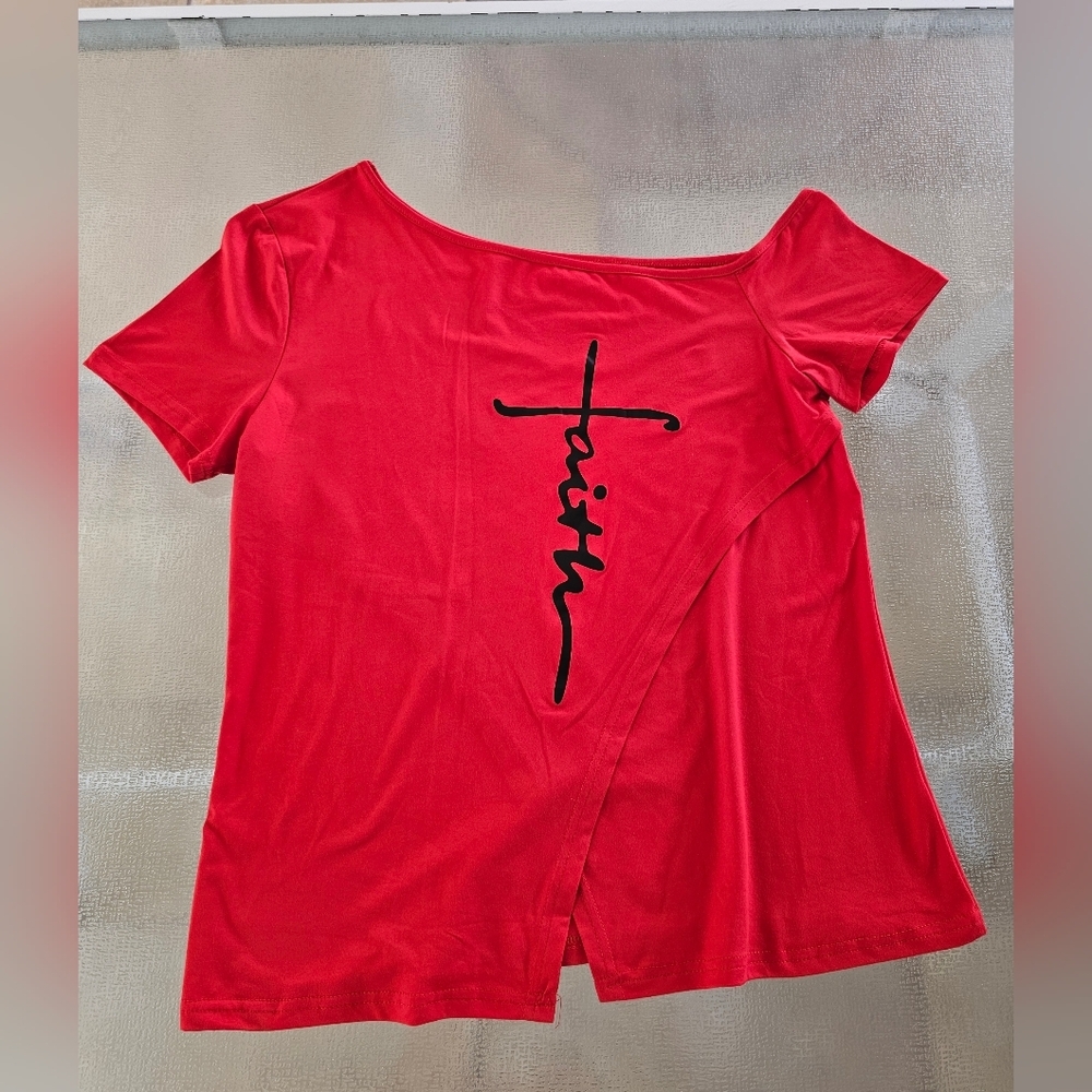 Faith Graphic Red Off Shoulder Tunic Top XL | Christian Aesthetic Boho Casual - Picture 7 of 14